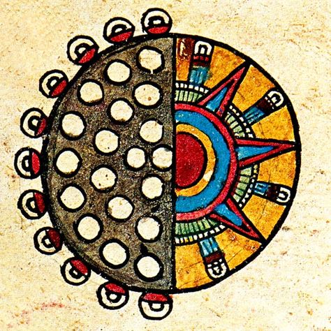 Cuando el Sol es devorado por la Luna: los Eclipses en la cultura mexica y maya • NeoMexicanismos Meso America, Maya Calendar, Aztec Calendar, Aztec Art, Oracle Deck, Chicano Art, Mexican Art, Day For Night, Glyphs