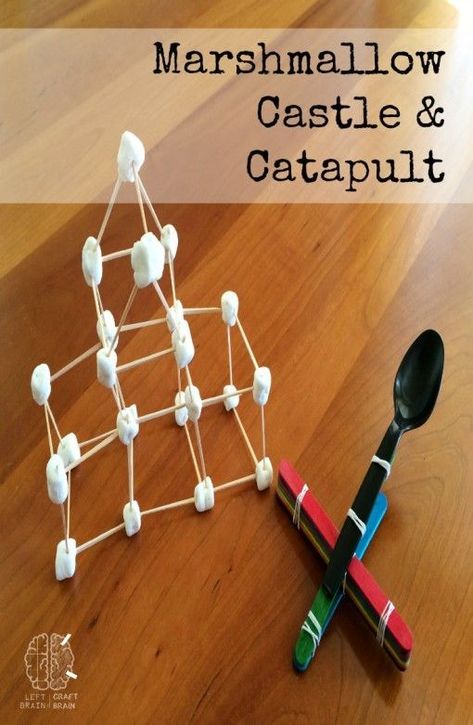 A yummy marshmallow castle and catapult build fine motor skills and set up for medieval pretend play.  From Left Brain Craft Brain. #STEM #STEAMKids #engineeringkids Knights And Castles Topic, Catapult Craft, Castle Classroom, Castles Topic, Kingdom Vbs, Castle Architecture, Castle Crafts, Brain Craft, Girls Crafts