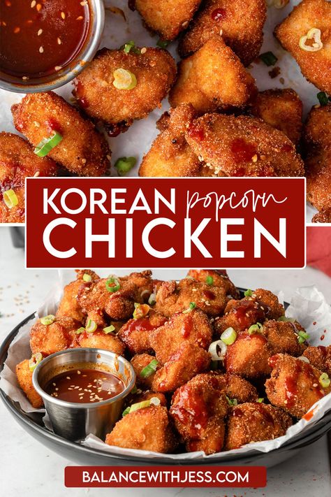 Korean Popcorn Chicken Popcorn Chicken Sauce, Chinese Popcorn Chicken, Korean Chicken Popcorn, High Protein Korean Popcorn Chicken, Korean Style Crunchy Chicken, Spicy Korean Chicken Recipes, Popcorn Chicken Recipe, Gochujang Sauce, Korean Fried Chicken