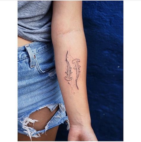 Hawaiian Meaningful Tattoos, Fine Line Hammerhead Tattoo, Ankle Shark Tattoo, Shark Matching Tattoo, Shark Spine Tattoos For Women, Matching Shark Tattoos, Minimalist Shark Tattoo, Shark Spine Tattoo, Tiny Shark Tattoo