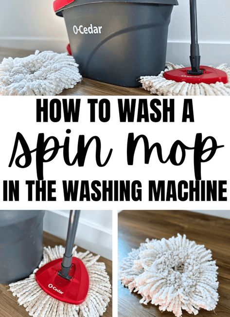 text says how to wash a spin mop in the washing machine. Three photos of the o-cedar spin mop with the mop bucket and mop head. Deep Clean Mop Solution, Cleaning Spin Mop Head, Wash Walls With Spin Mop, Washing Walls With Spin Mop, Cleaning Mop Head, How To Clean O Cedar Mop Head, How To Clean Mop Head, Ocedar Mop Hack, O Cedar Spin Mop Cleaning Solution