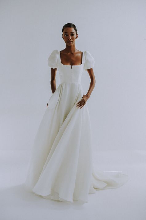 Ivory Square Neck Wedding Dress, Square Neck Dress With Sleeves, Square Neck Wedding Gown, Wedding Dress No Train, Wedding Dresses Square Neck, Wedding Dress Square Neck, Gazar Gown, Square Neck Gown, Square Neck Wedding Dress