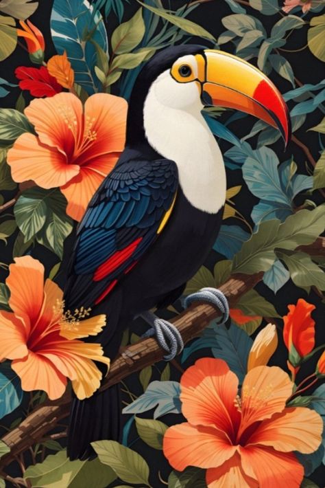 Tropical Jungle Toucan Bird Poster Tropical Animals Art, Tropical Illustration Graphics, Jungle Art Painting, Jungle Art Tropical, Tropical Bird Painting, Toucan Drawing, Toucan Painting, Toucan Illustration, Jungle Drawing