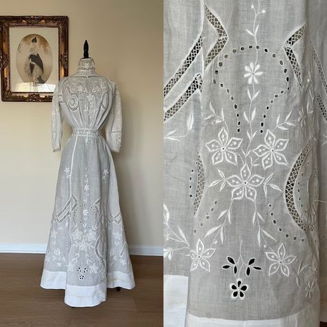 Antique 1910 Edwardian Dress. Linen. Summer Whites. Hand Embroidered - Etsy Sweden Edwardian Summer Dress, 1880s Dress, Halloween Ball, 1910s Fashion, Cotton Lingerie, Edwardian Dress, Linen Summer, Old Dresses, Victorian Clothing