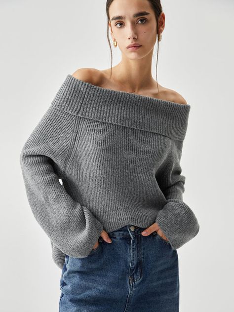 Off Shoulder Knit Sweater, Streetwear Spring, Outfit Oversize, Acrylic Design, Sweater Oversize, Grey Knit Sweater, Spring Summer Outfits, 8 M, Spring Outfit