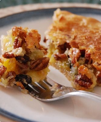 Japanese Fruit Pie is a twist on the Southern favorite pecan pie - coconut, raisins, pecans/walnuts, lemon juice & zest Japanese Fruit Cake, Fruit Pie Recipe, Japanese Fruit, Raisin Pie, Walnut Pie, Cake Pie, Fruitcake Recipes, Fruit Pie, Fun Baking Recipes