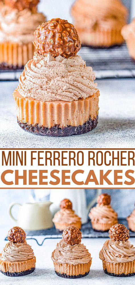 Mini Ferrero Rocher Cheesecakes - If you like Nutella, you're going to LOVE these mini chocolate cheesecakes! With a buttery Oreo crust, a creamy decadent hazelnut filling, and topped with chocolate whipped cream, these EASY Oreo Ferrero Rocher mini cheesecakes are a must-try dessert! They're indulgent and can be made ahead of time for holidays, dinner parties, or special occasions when you need a show-stopping dessert! Mini Chocolate Cheesecakes, Ferrero Rocher Cheesecake, Chocolate Whipped Cream Frosting, Hazelnut Filling, Cocoa Powder Cookies, Averie Cooks, Caramel Apple Cheesecake, Chocolate Whipped Cream, Oreo Crust