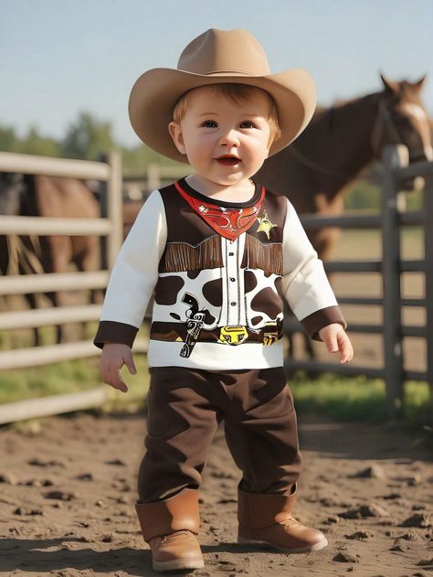 2pcs Baby Boys' Cute Western Cowboy Print Long Sleeve T-Shirt And Pants Set, Suitable For Halloween Costume, Photo Shoots, Parties, Autumn/Winter Multicolor     Animal,Cartoon,Graphic  Slight Stretch  Baby Boys Clothing, size features are:Bust: ,Length: ,Sleeve Length: Sport Pants Outfit, Farm Animal Costumes, Halloween Costumes For Big Kids, Cowboy Print, Winter Baby Boy, Baby Kostüm, Cowboy Baby, T Shirt And Pants, Boy Halloween Costumes