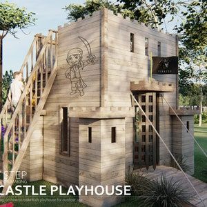 Castle Playhouse Plans, Wooden Outdoor Playhouse, Kids Playhouse Plans, Castle Playhouse, Playhouse For Kids, Modern Playhouse, Kids Playhouse Outdoors, Castle Plans, Kids Castle