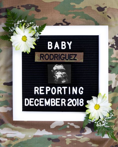 Baby announcement for military parents idea. Ultrasound, name tape, letter board, flowers. Army Baby Announcement, Military Pregnancy Announcement, Military Baby Announcement, Military Baby Pictures, Military Pregnancy, Army Baby, Military Baby, Trendy Baby Onesies, February Baby