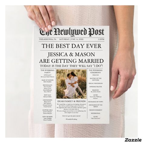 Folded Newspaper, Wedding Crossword Puzzle, Fun Wedding Programs, Newspaper Wedding, Newspaper Wedding Programs, Newspaper Program, Printable Programs, Newspaper Layout, Timeline Template