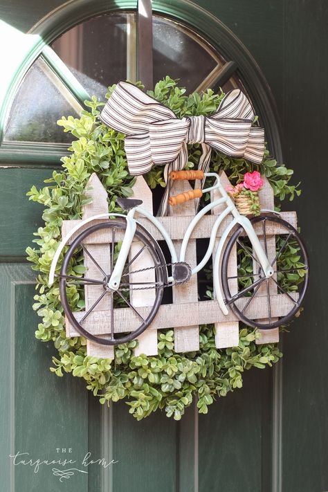 Bicycle Wreath, Couronne Diy, Vasos Vintage, Spring Door Decoration, Diy Frühling, Diy Spring Wreath, Door Wreaths Diy, Estilo Country, Spring Door