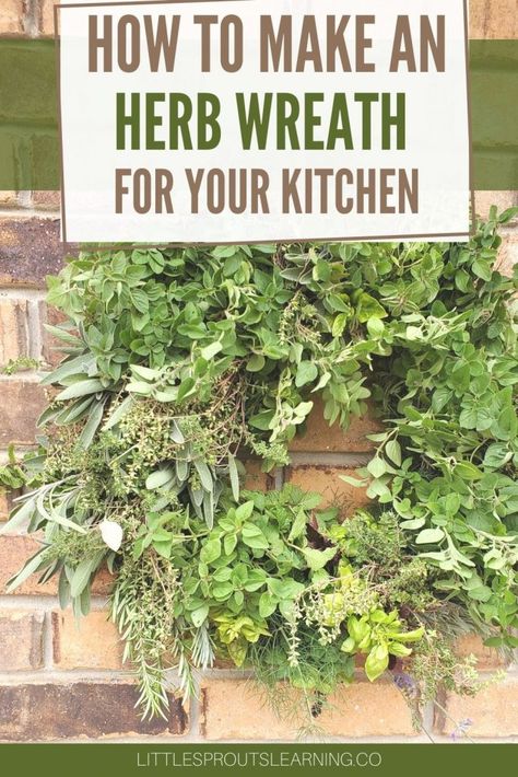 Herb wreath made of different herbs hanging on a brick wall Diy Herb Wreath, Dried Herb Wreath Diy, Fresh Herb Wreath, How To Make A Rosemary Wreath, Diy Rosemary Wreath, Rosemary Wreaths, Herb Wreaths, Herbal Wreath, Thyme Wreath