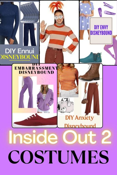 Inside out 2 costumes Inside Our 2 Outfits, Inside Out Two Outfit Ideas, Inside Out Characters Costumes Diy, Inside Out 2 Family Costume, Inside Out 2 Characters Costumes, Ennui Inside Out Costume, Inside Out Two Costumes, Diy Inside Out 2 Costume, Inside Out Costumes Group Diy