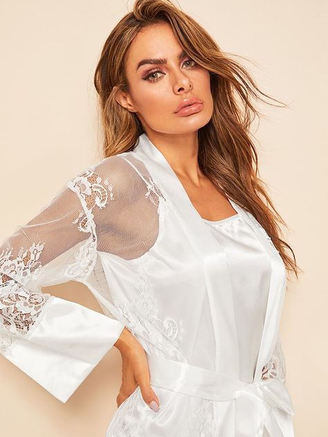 Satin Cami Dress With Floral Lace Robe | SHEIN Satin Cami Dress, Fringe Shirt, Satin Cami Top, Striped Tunic Dress, Ditsy Floral Dress, Dot Print Dress, Satin Cami, Lace Button, Satin Pyjama Set