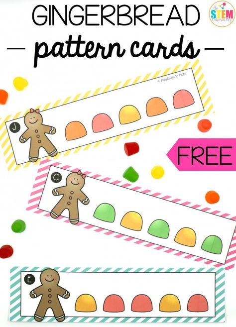 Free gingerbread pattern cards. Fun math center for preschool, kindergarten or first grade. Prek Gingerbread, Gingerbread Man Preschool, Patterning Activities, Winter Centers, Gingerbread Man Unit, Gingerbread Pattern, Gingerbread Unit, Gingerbread Man Activities, Gingerbread Activities