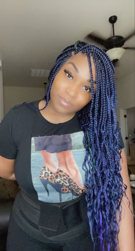 Navy blue braids Navy Blue Braids For Black Women, Navy Blue Box Braids, Black And Blue Goddess Braids, Midnight Blue Box Braids, Deep Blue Braids, Dark Blue Braids For Black Women, Dark Blue Box Braids, Goddess Braids Blue, Midnight Blue Braids