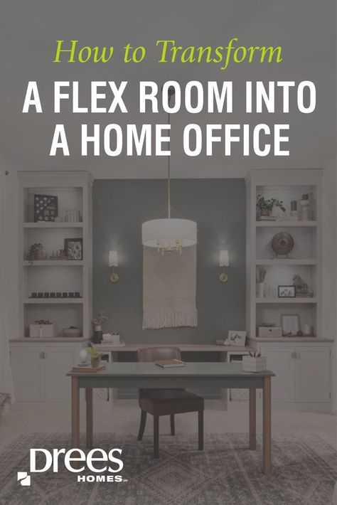 A blank flex room is transformed into a stunning home office complete with built-in bookcases. Home Office Flex Room, Flex Room Ideas Offices, Front Room Office And Sitting Area, Repurpose Dining Room Space, Home Office Floor Plan, Office Family Room, Front Room Office, Repurpose Dining Room, Flex Room Ideas