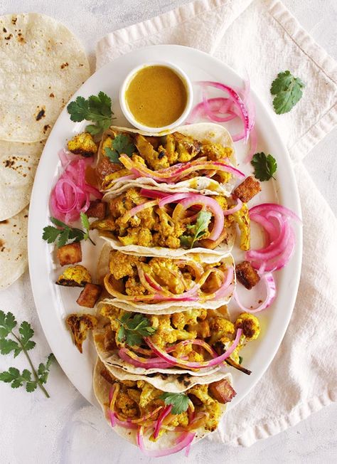 Curried Cauliflower Tacos with Crispy Tofu & Curry Sauce Curry Tacos, Vegan Cauliflower Tacos, Cauliflower And Chickpea Curry, Curried Cauliflower, Tofu Tacos, Creamy Curry, Tofu Curry, Pantry Recipes, Vegan Taco