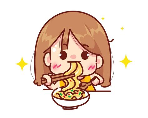 Cute girl eating noodles or ramen restaurant logo concept cartoon character hand draw art illustration Ramen Logo, Cartoons Eating, Eat Logo, Eating Noodles, Banana Roll, Business Card Design Black, Cartoons Dp, Girl Eating, Eating Ramen