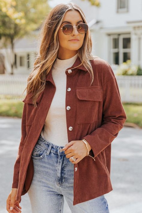 The perfect fall shacket brown corduroy shacket Sweater Leather Skirt, Shacket Outfit Women, Pink Button Up Shirt, Jean Jumpsuit, Shacket Outfit, Fall Workwear, Fall Floral Dress, Jacket Outfit Women, Fall Flannel