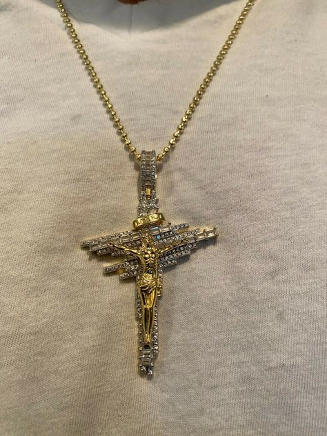 "Truly unique and stunning super iced out men's crucifix cross pendant! Solid 925 sterling silver...never turns green We have 2 styles! Rhodium & 14k yellow gold Measures roughly 2\" by 1.5\" (2.5\" w bale)..weighs roughly 19 grams 200 micropaved handset simulated diamonds (CZ) Set with gorgeous baguette & round stones SHINE IS OUT OF THIS WORLD 100% 925 silver...not plated or filled...will NEVER TARNISH OR CHANGE COLOR Pendant only Chains sold separate...fits chains up to 6mm thick! Shi Jewelry Accessories Men, Dope Jewelry Accessories, Silver Chain Pendant, Necklaces For Men, Jewelry Accessories Ideas, Dope Jewelry, Man Made Diamonds, Men Jewelry, Funky Jewelry