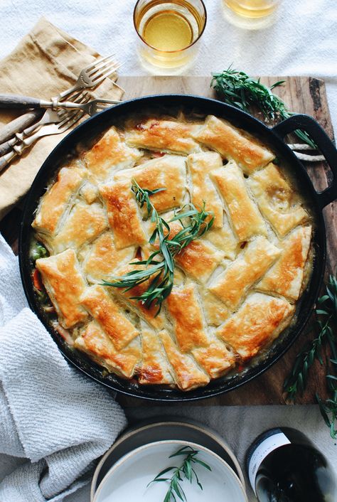 One Pan Chicken Pot Pie, Pan Chicken Pot Pie, Skillet Chicken Pot Pie, Chicken Peas, Carrots Celery, One Pan Chicken, Tater Tot Casserole, Cooked Carrots, Puff Pastry Sheets