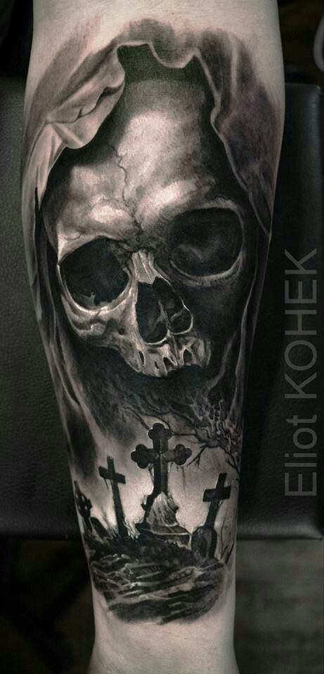 Graveyard. -bakgrundside                                                                                                                                                                                 More Graveyard Tattoo, Evil Skull Tattoo, Skull Sleeve Tattoos, Skull Sleeve, Reaper Tattoo, Evil Tattoos, Polynesian Tattoos, Military Tattoos, Geometric Tattoos