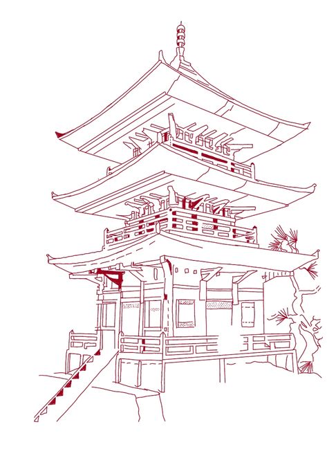 Pagoda Tattoo Stencil, Chinese Pagoda Drawing, Chinese House Tattoo, Japanese Temple Drawing, Japanese Temple Tattoo, Family First Tattoo, Temple Tattoo, Red Dragon Tattoo, Small Chest Tattoos