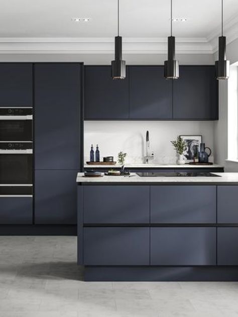 Handleless Kitchen Cabinets, Navy Kitchen Cabinets, Navy Kitchen, Open Plan Kitchen Dining Living, Handleless Kitchen, Open Plan Kitchen Dining, Kitchen Dining Living, Kitchen Cabinet Doors, Kitchen Room Design