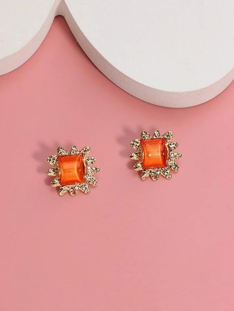 2pcs Geo Decor Stud Earrings | SHEIN EUR Earrings Shein, Orange Earrings, Traditional Earrings, Women's Fashion, Fashion Jewelry, Stud Earrings, Collar, Orange, Free Shipping