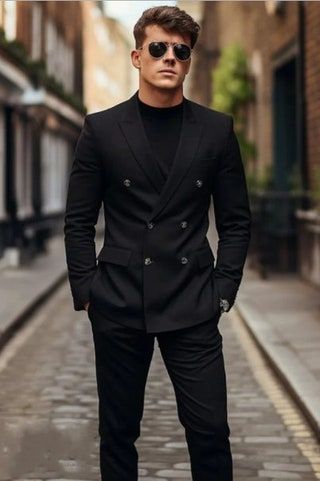 Black Suit Men Outfit Classy, Mens Tuxedo Photoshoot, Double Breasted Suit Men Casual, Black Coat Outfit Men Formal, Black Double Breasted Blazer Outfit, Modern Suit For Men, Black Suit Men Casual, Men’s Black Suit, Wedding Suits Men Black Tuxedos