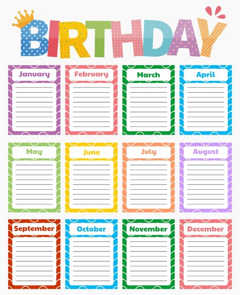 Printable Birthday Chart Template Birthday Calander Printable Free Calendar, Birthday Chart Printable Free, Birthday Calendar Printable Free, Birthday List Template Free Printable, Printable Birthday Charts For Classroom, Preschool Birthday Board Free Printable, Classroom Birthday Board Printables, Birthday Reminder Ideas, Birthday Wall Ideas For Classroom Free Printables