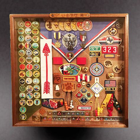 Eagle Scout Shadow Box Display, Scout Badge Display, Eagle Scout Shadow Box Ideas, Cub Scout Belt Loop Display, Eagle Ceremony Decorations, Eagle Scout Display, Eagle Scout Court Of Honor Ideas, Diy Shadow Box Frame, Eagle Shadow