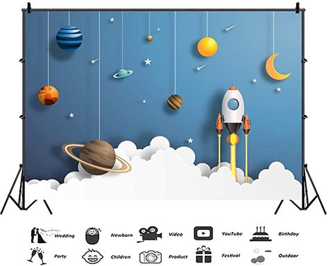 Cartoon Spaceship, Rocket Flying, Outer Space Planets, Backdrops Kids, Planet Poster, Planet For Kids, Birthday Party Background, Planet Design, Vinyl Banner