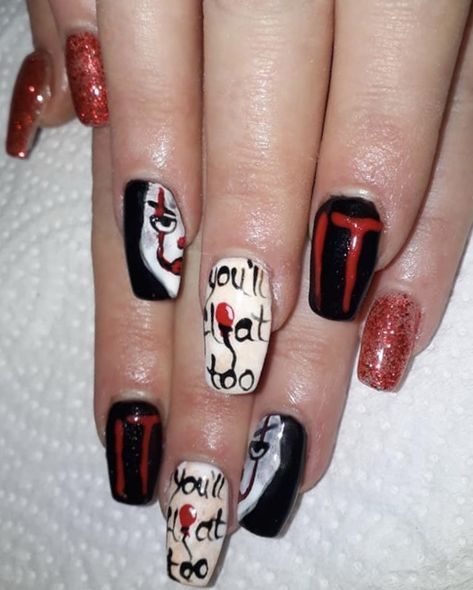 It Nail Art Stephen King, Stephen King Nails, It Nails Stephen King, Penny Wise Nails, Lilly Nails, Winter Nails 2023, King Nails, Nails 2023 Trends, It Nails