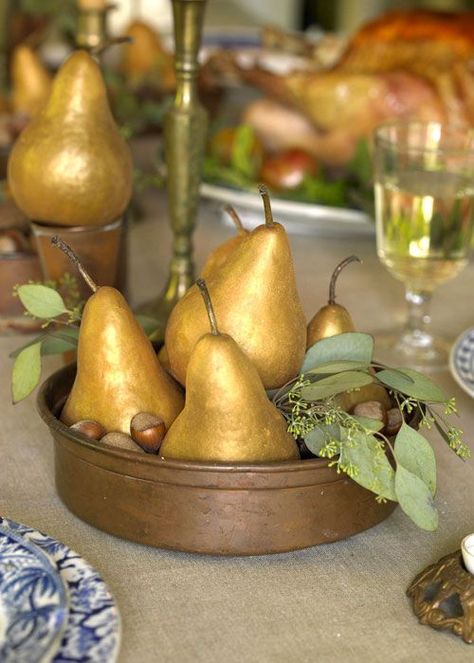 gold pear and acorns centerpiece in a bowl Copper Cake, Goddess Party, Edible Gold, Fall Tablescapes, Autumn Decorating, Fall Decoration, Pear Tree, Thanksgiving Centerpieces, Centerpiece Ideas