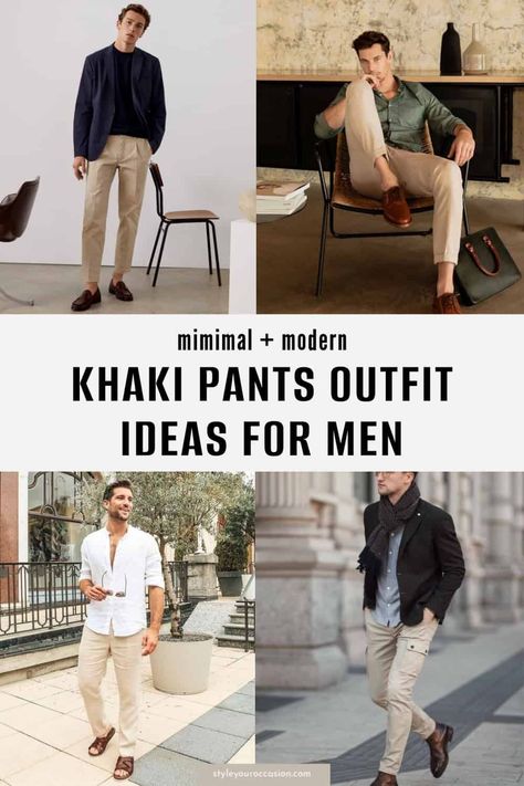 Looking for a stylish khaki pants outfit men can wear? Get streetwear outfit ideas with khaki pants and brown shoes for casual summer days, work, and classy or formal events (wedding guest). Master the khaki pants aesthetic in a modern way! Khaki Pants Aesthetic, Outfit Ideas With Khaki Pants, Khaki Pants Outfit Men Formal, Khaki Pants Outfit Men Casual, Men Khaki Pants Outfit, Caqui Pants, Khaki Pants Outfits, Tan Pants Men, Khaki Pants Outfit Men