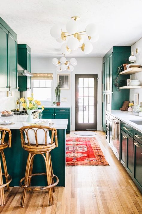 Boho Rooms, Craftsman Bungalow, Green Kitchen Cabinets, Feeling Inspired, Deco Retro, One Room Challenge, Craftsman Bungalows, Dark Kitchen Cabinets, Room Challenge