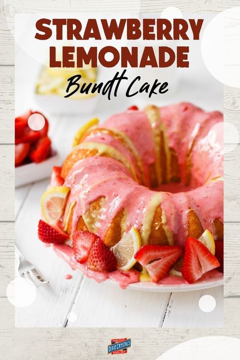 A sour cream dream of a bundt cake with lemonade and strawberry glaze. It's tart and tangy and perfect for your baby and wedding shower guests. For more shower recipes and ideas visit DixieCrystals.com and pin your favorites! Made this cake? Show us! #dixiecrystals #babyshowerrecipes #lemonaderecipes #weddingshowerideas Strawberry Lemonade Pound Cake Recipe, Strawberry Lemonade Pound Cake, Strawberry Lemonade Cake, Lemonade Cake, Strawberry Recipe, Bundt Recipes, Bundt Cake Recipe, Strawberry Glaze, Cake Mug