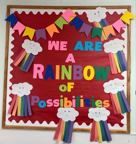 Tie Dye Bulletin Board Ideas, Welcome Board Preschool, Rainbow Display Classroom, Rainbow Bulletin Board Ideas Preschool, Pride Bulletin Board Ideas, Rainbow Bulletin Board Ideas, Preschool Display Boards, Daycare Room Design, Class Board Decoration