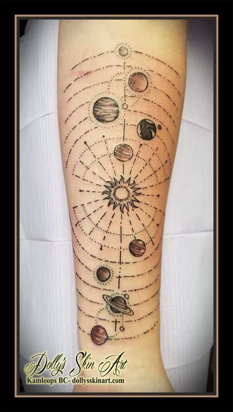 Planets Tattoo Solar System, Tattoos On Black Skin, Solar System Tattoos, Braille Tattoo, Astronomy Tattoo, Science Tattoo, Science Tattoos, Solar System Tattoo, Upper Back Tattoos