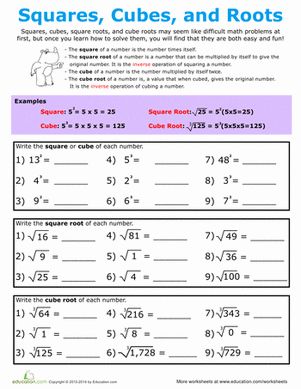 Kids review squared and cubed numbers, then try their hand at finding the square root or cube root of a number in this beginning algebra worksheet. Algebra Functions, Basic Calculus, Square Numbers, Cube Root, Pre Algebra Worksheets, Exponent Rules, Number Worksheet, Middle School Math Teacher, School Algebra