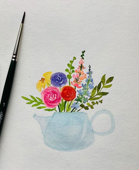 Watercolor Teapot, Teapot Illustration, Watercolor Doodles, Tea Pots Art, Watercolour Ideas, Ink Doodles, Watercolor Bouquet, Watercolor Projects, Watercolour Illustration