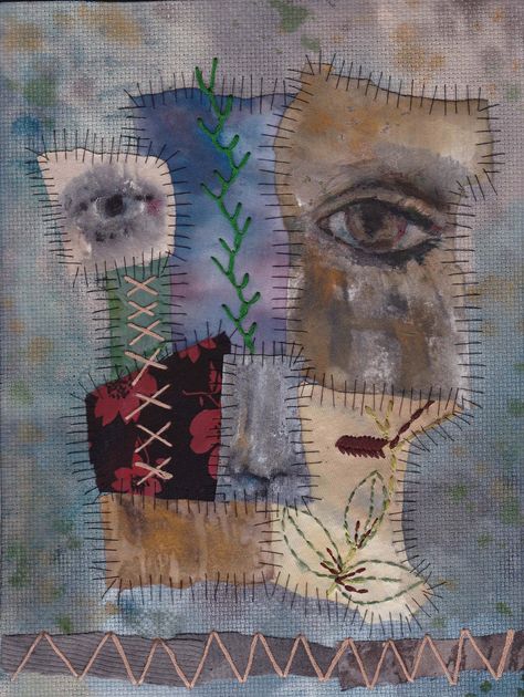 Textile and embroidery collage/ painting on fabric. Fragments Art Textiles Gcse, Gcse Textiles Final Piece Ideas, Fragments Textiles Gcse, Fragments Textiles, Textiles Coursework, Textiles Book, Constructed Textiles, Embroidery Collage, Marcel Dzama