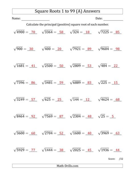 Square Root Worksheet Pdf Principal Square Roots 1 to 99 A Math Square Roots, Square Roots Worksheet, Estimating Square Roots, Area Model Multiplication, Proportions Worksheet, About Me Poster, Simple Fractions, Place Value Worksheets, 4th Grade Math Worksheets