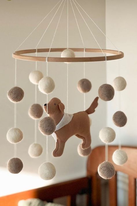 Puppy Mobile Nursery, Golden Retriever Mobile, Gender Neutral Mobile, Golden Doodle Nursery, Dog Mobile Nursery, Golden Retriever Nursery Ideas, Neutral Tone Nursery, Golden Retriever Baby Nursery, Nuteral Baby Nurseries