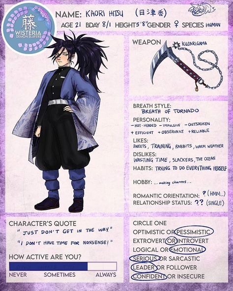 Demon Slayer Art Roleplay en Instagram: “🌪This is @miisareii demon slayer oc Kaori who uses breath of Tornado! Welcome them!🌪 . . . . Please DM me if you wish to join our art rp.…” Oc Maker Template, Demon Slayer Art Style, Demon Slayer Art, Oc Boy, Demon Slayer Oc, Oc Kny, Character Quotes, Face Mug, Demon Hunter