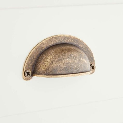 Ansel Brass Cup Pull - Mottled Brass | Signature Hardware Antique Brass Kitchen, Brass Cup Pulls, Cabinet Cup Pulls, Brass Cabinet Hardware, Brass Cabinet Pulls, Kitchen Pulls, Cabinet Drawer Hardware, Cabinet Hardware Pulls, Cup Pulls