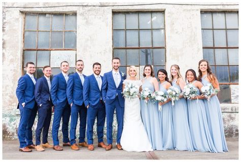 A Slate Blue Wedding at the Southern Bleachery | Yessica Grace PhotographyYessica Grace Photography Blue Tux Wedding, Navy Blue Suit Wedding, Blue Tuxedo Wedding, Slate Blue Wedding, Light Blue Bridesmaid Dresses, Light Blue Bridesmaid, Baby Blue Weddings, Wedding Ceremony Ideas, Blue Suit Wedding